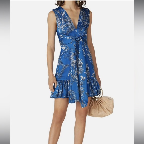 ALEXIS Blue Floral Print Chiffon V-Neck Ruffle Hem Mini Dress Womens s XS - Picture 2 of 8